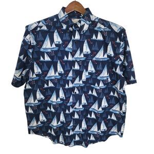 Natural Issue Mens Large Button Front Shirt Sailboat Nautical Navy Blue Cotton